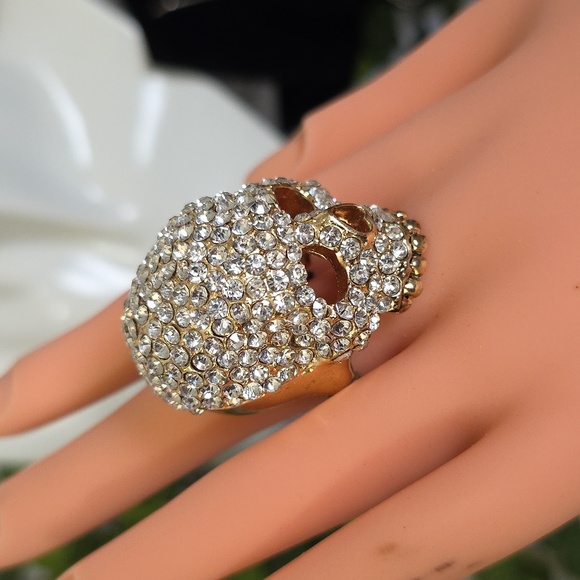 Wow! Statement Gold Pave Crystal Dome Skull Ring - Picture 8 of 10